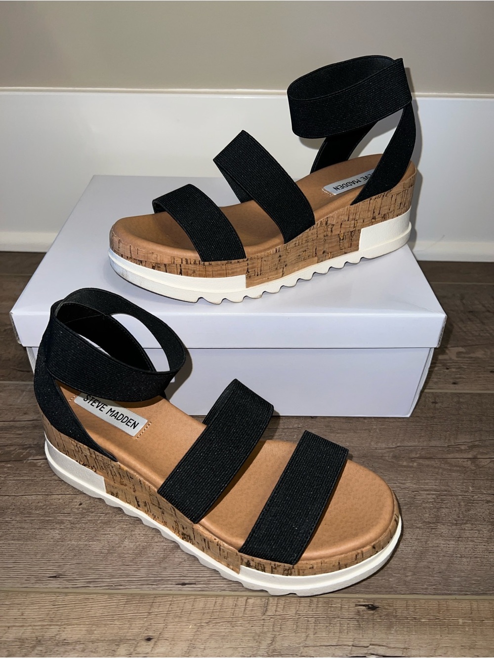 Steve Madden Black Elastic Cork Wedge Sandals